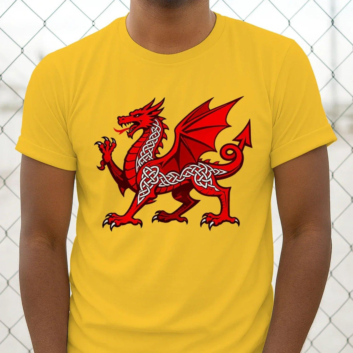 Wales red dragon Celtic knot T-shirt in yellow with large dragon graphic on chest