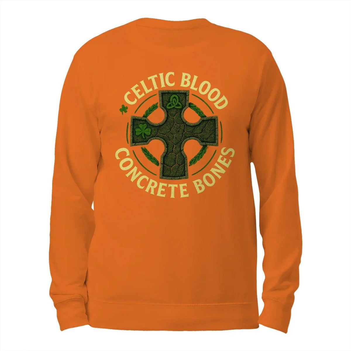 Orange sweatshirt with front circular Celtic cross and bones graphic