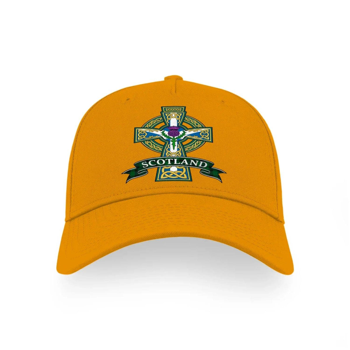 Yellow baseball cap front with embroidered Scotland Celtic cross crest