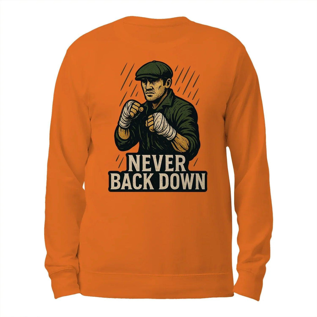 Orange crewneck sweatshirt with back "Never Back Down" boxer graphic