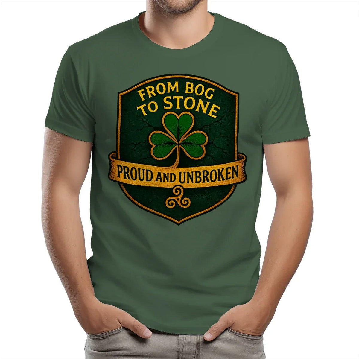 Green crew-neck T-shirt with large front shield clover logo reading "From Bog to Stone"