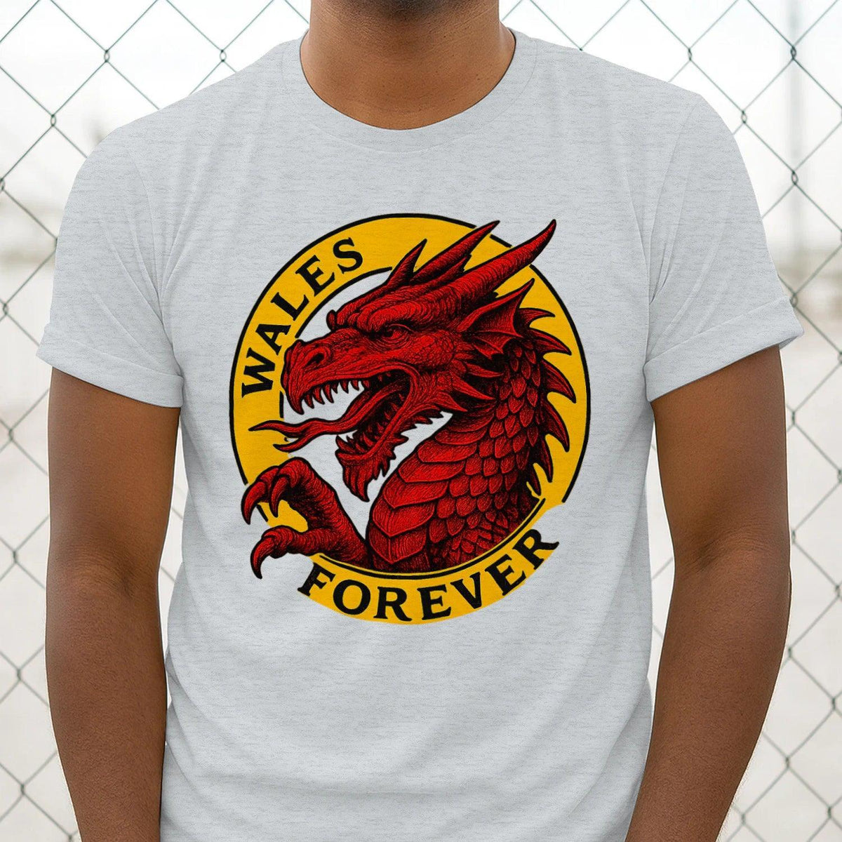 Light gray cotton T-shirt with red dragon graphic and Wales Forever emblem