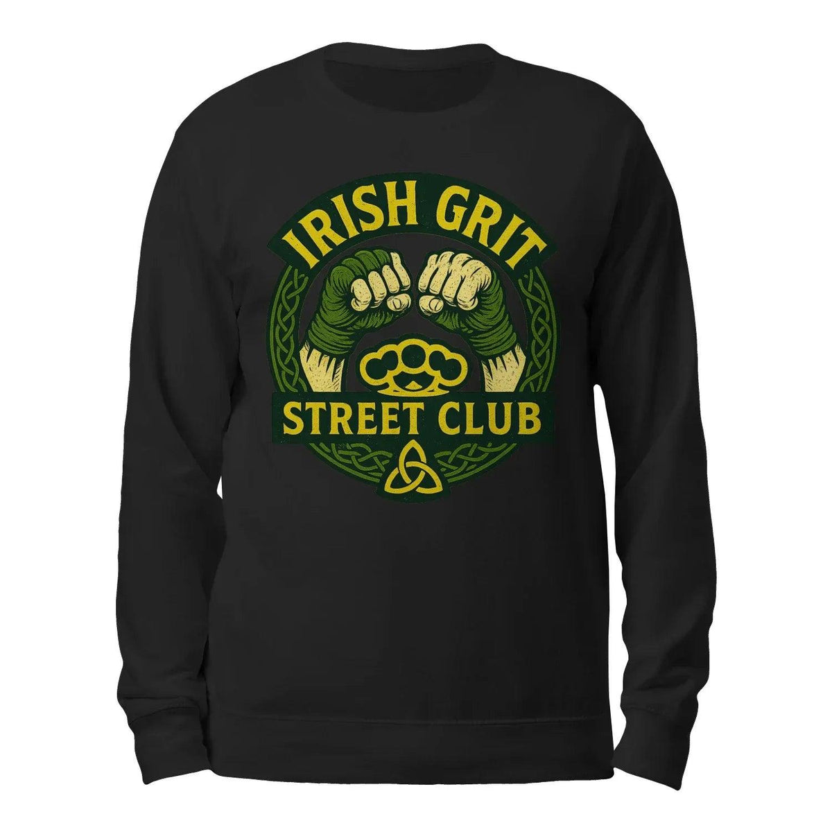 Black crewneck sweatshirt with Irish Grit Street Club graphic on front