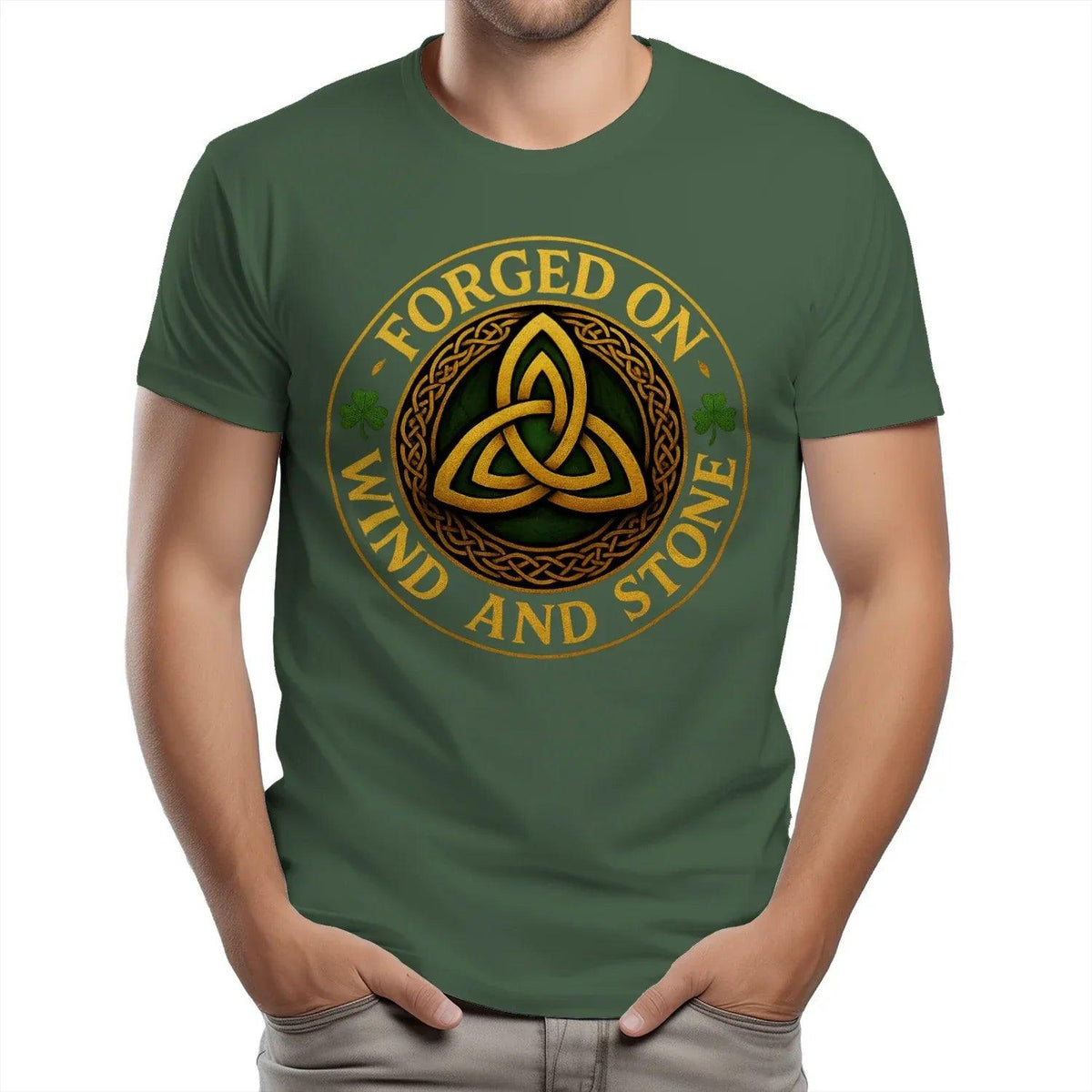 Men's dark green T-shirt with large circular Celtic knot emblem on chest