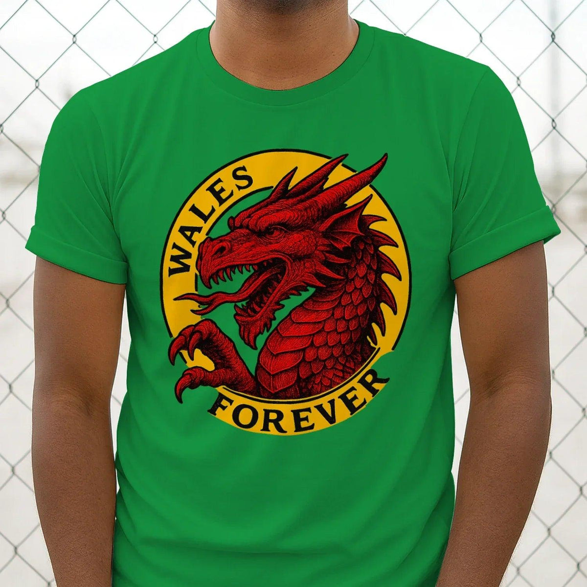 Bright green dragon graphic t-shirt with circular Wales Forever emblem on chest