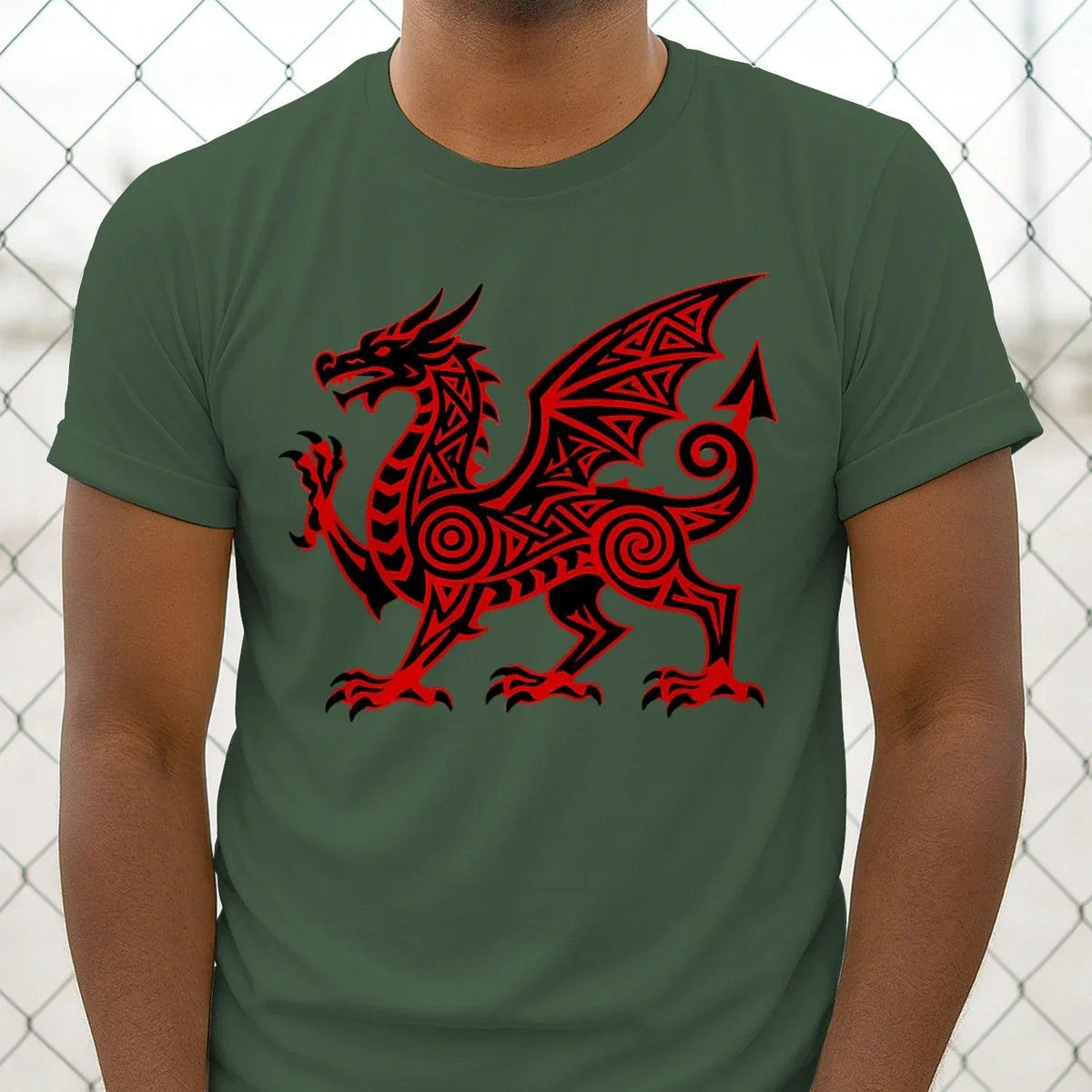 Dark green crewneck T-shirt with red Welsh dragon graphic centered on front