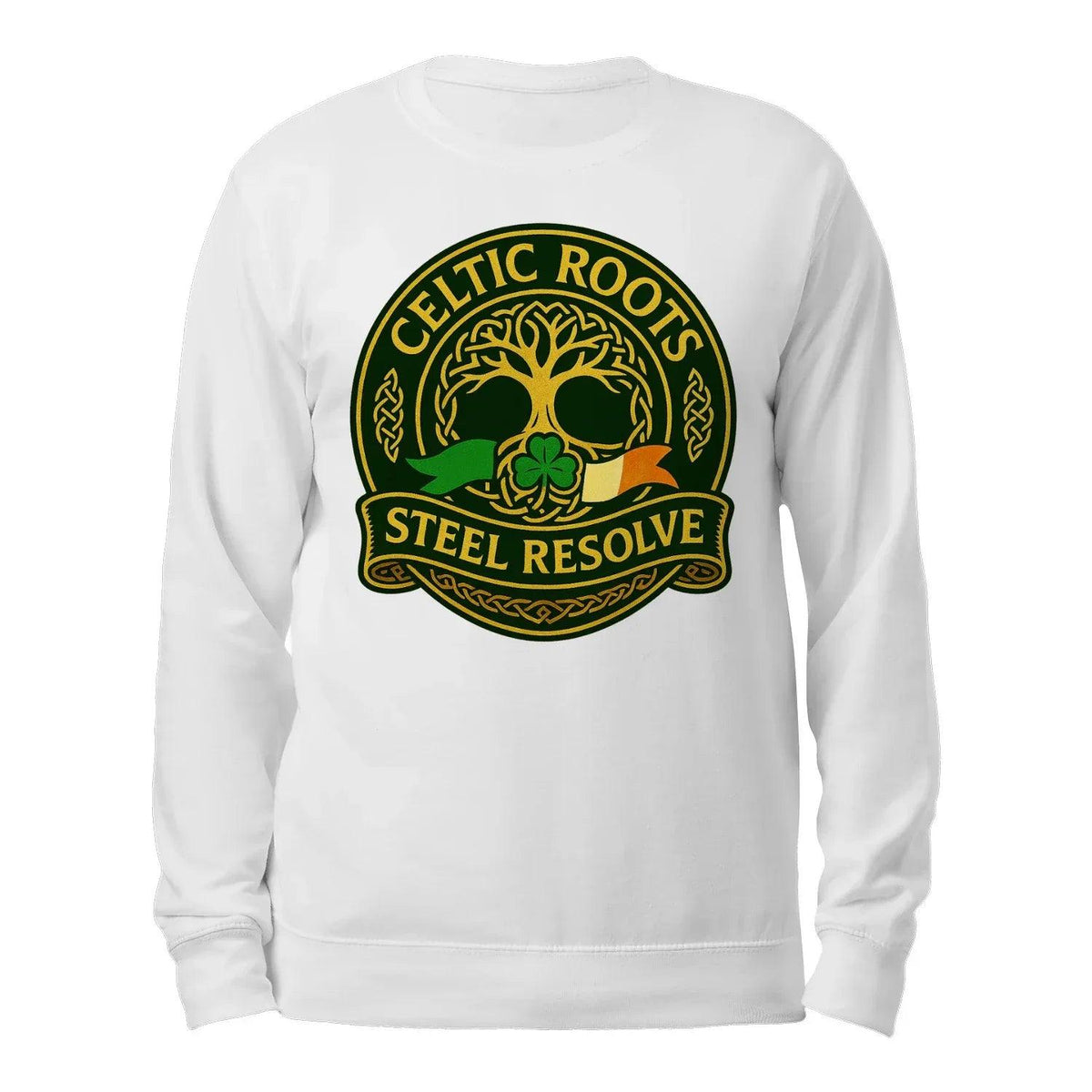 White crewneck sweatshirt with large green and gold Celtic roots Steel Resolve front graphic