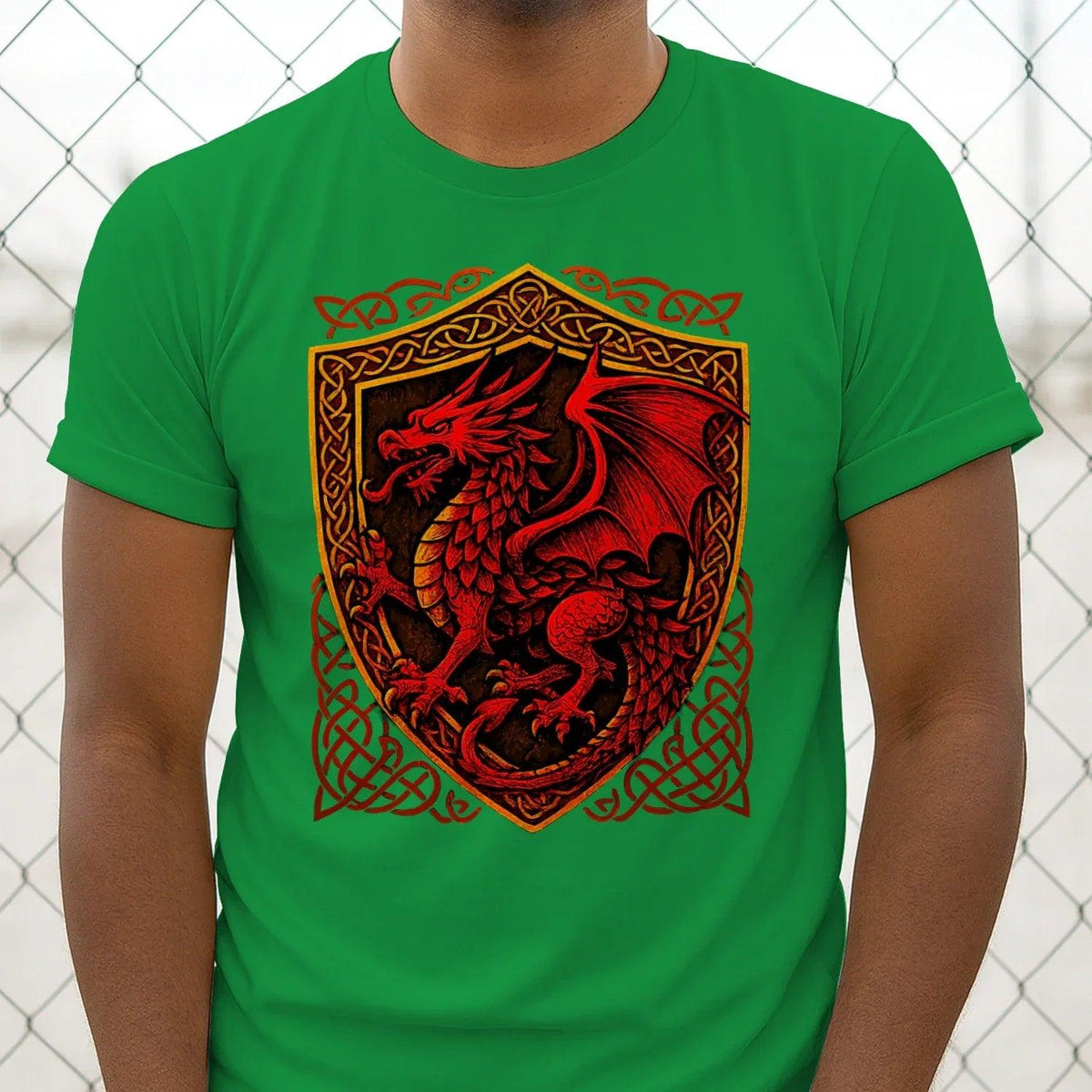 Green cotton crewneck T-shirt with red dragon shield crest graphic