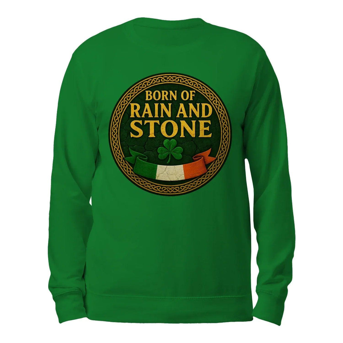 Green crewneck sweatshirt, back view, with large circular graphic logo