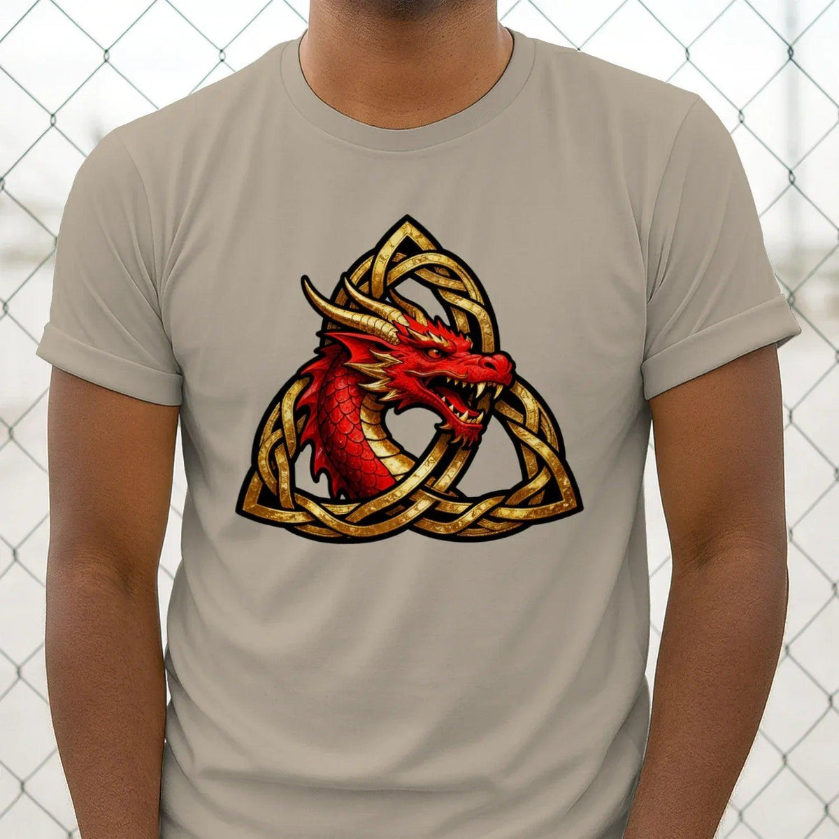 Unisex sand T-shirt with front red and gold dragon triquetra graphic