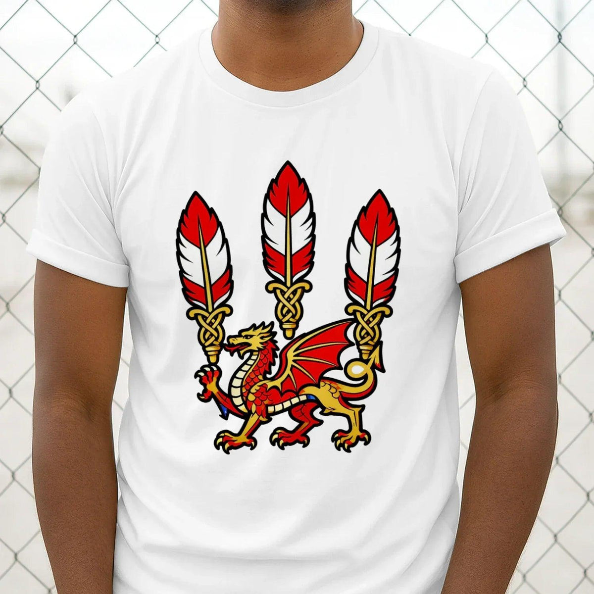 White crew-neck graphic T-shirt with three feathers and Welsh dragon front chest print