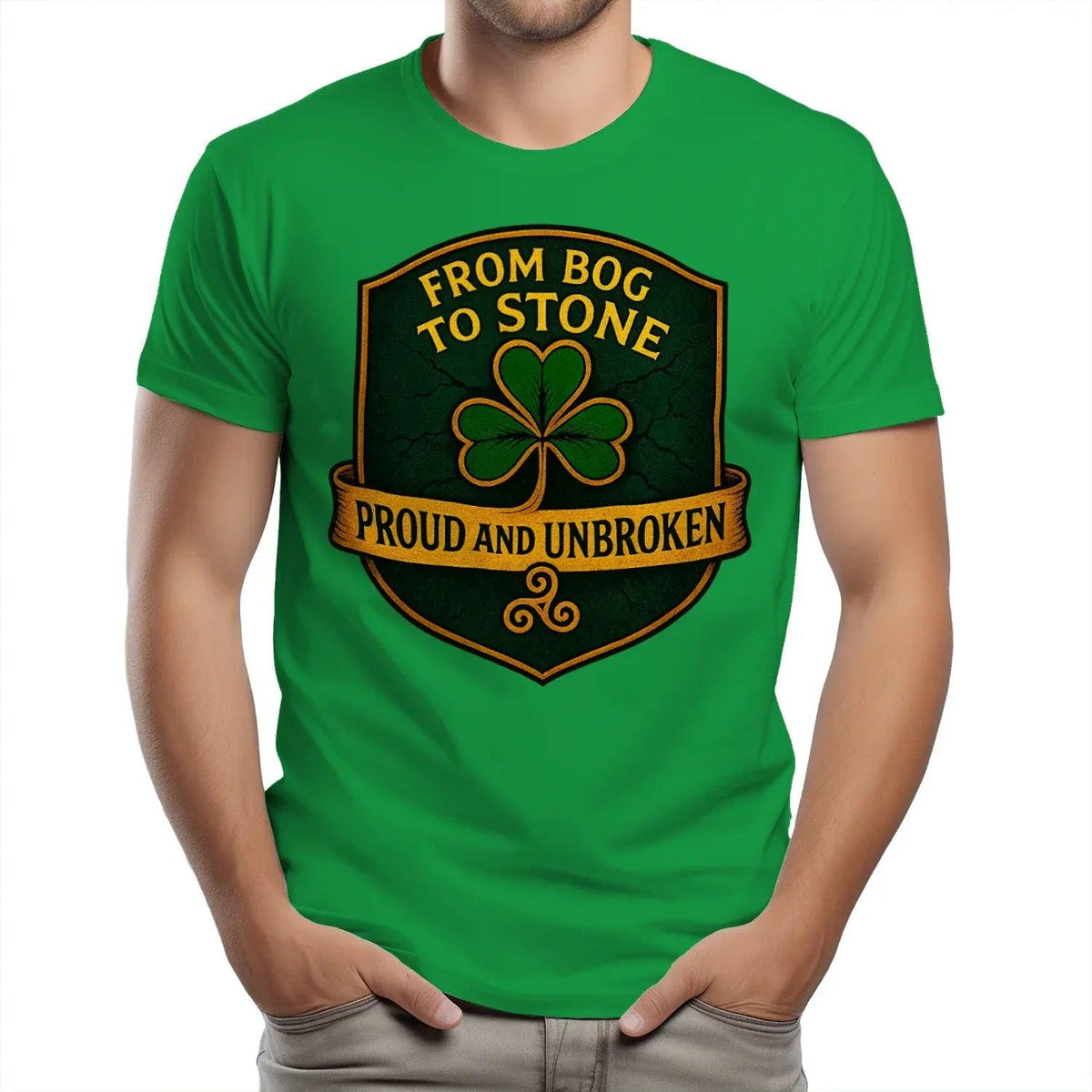 Green T-shirt with clover shield graphic on the chest, crew neck, short sleeves