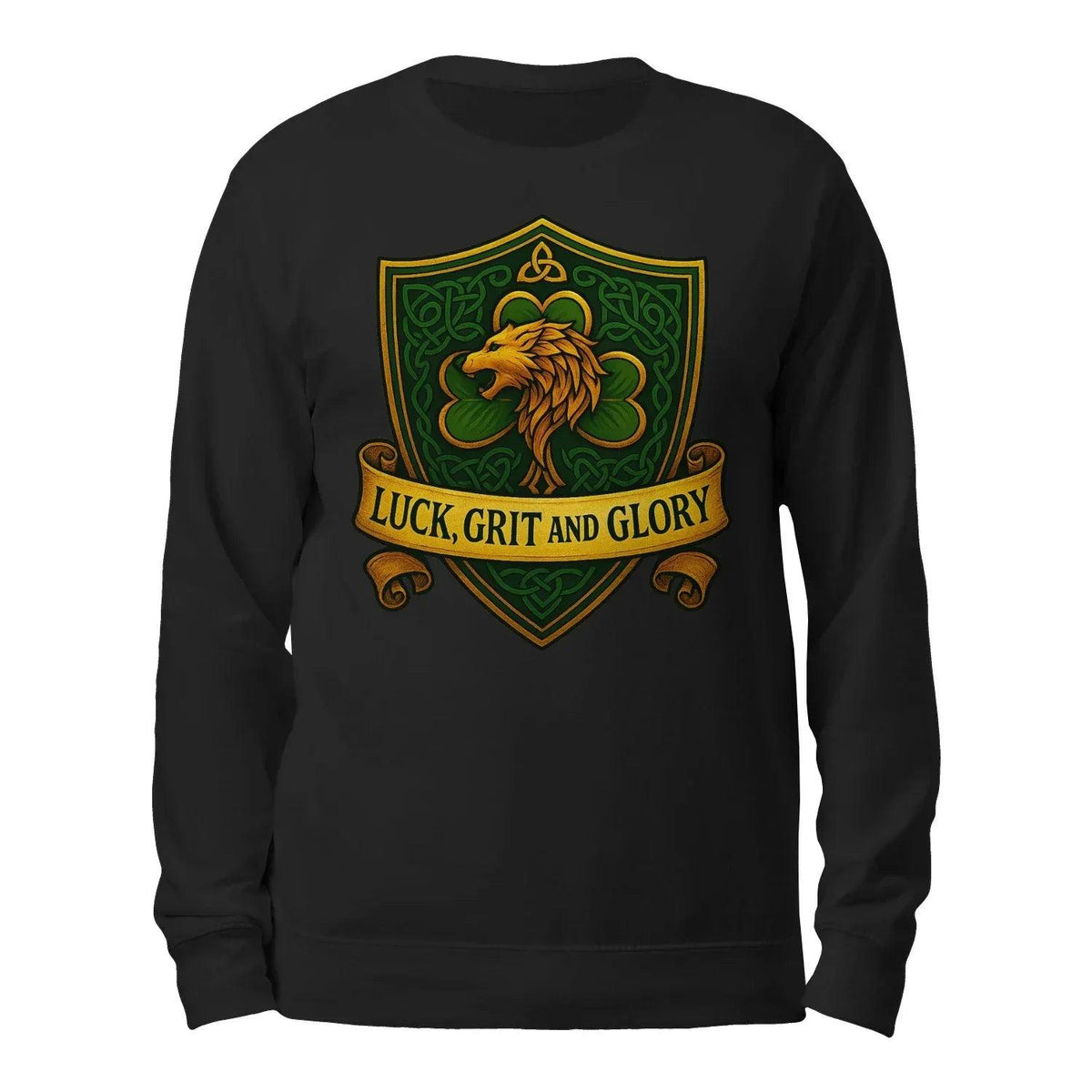 Black crewneck sweatshirt with Celtic lion crest graphic and “LUCK, GRIT AND GLORY”