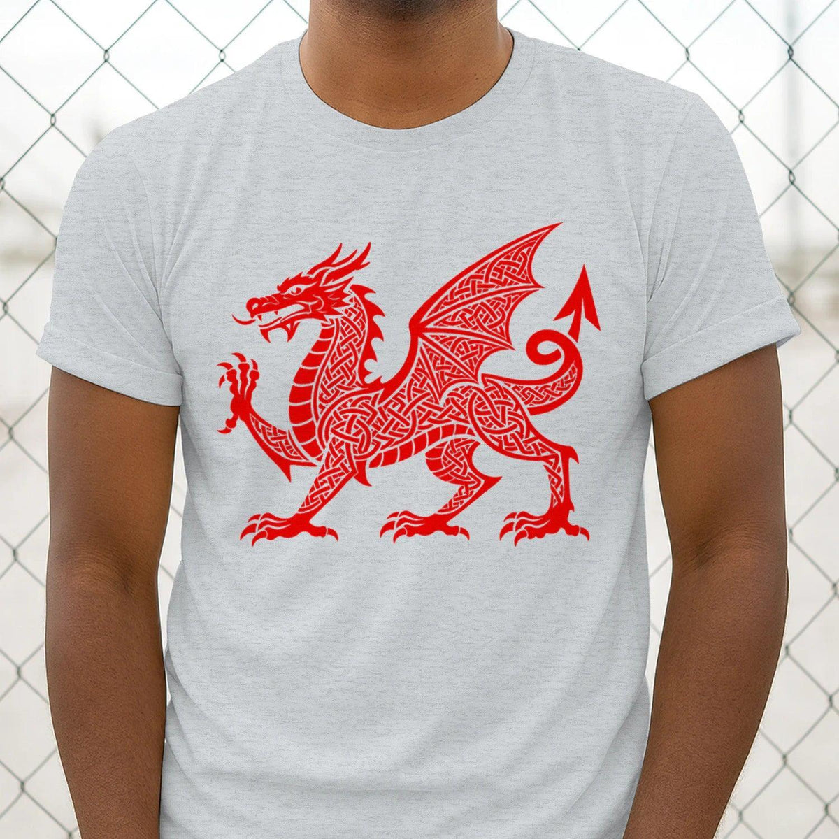 Light gray T-shirt with large red Celtic dragon knot graphic across the chest