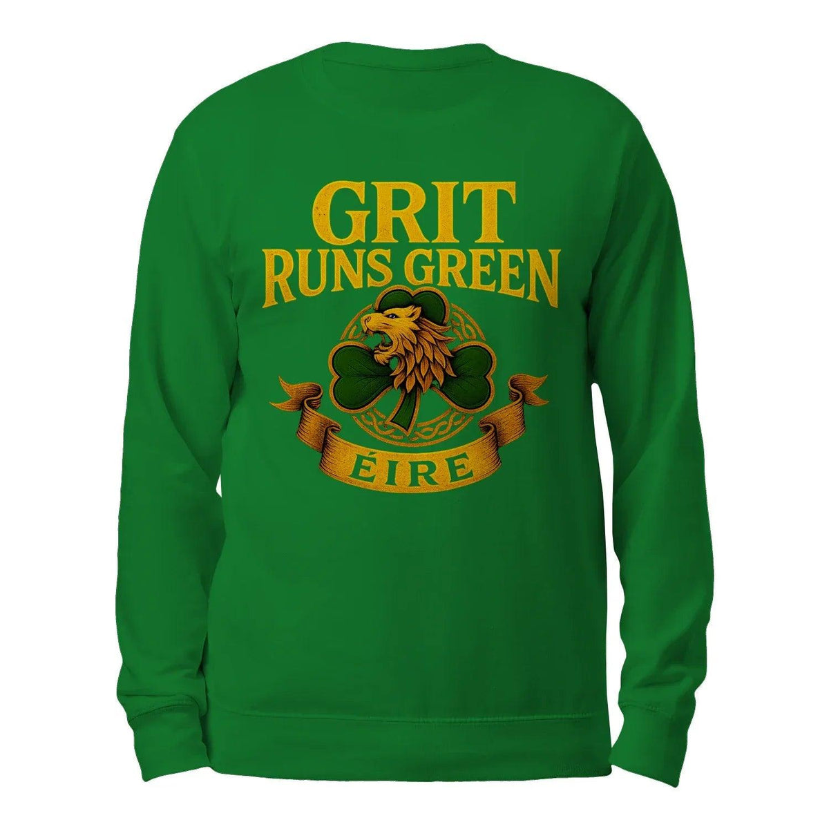 Forest green crewneck sweatshirt with 'GRIT RUNS GREEN' back graphic