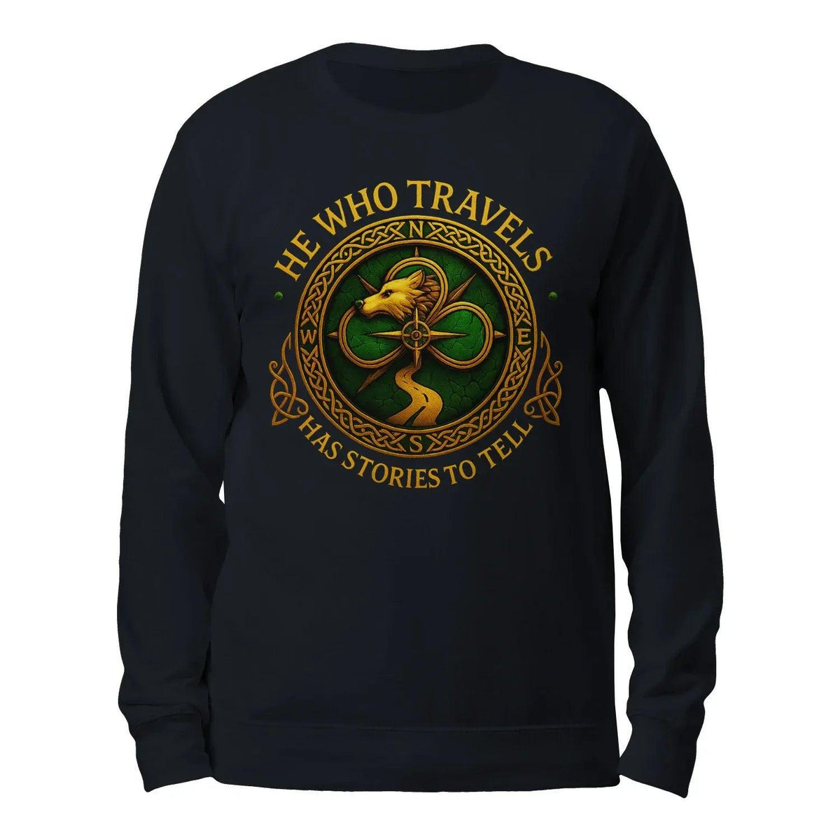 Navy sweatshirt with gold dragon crest emblem and 'He Who Travels' text