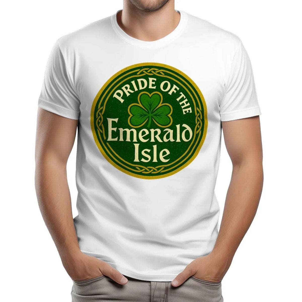 White T-shirt with large circular green shamrock emblem graphic on chest