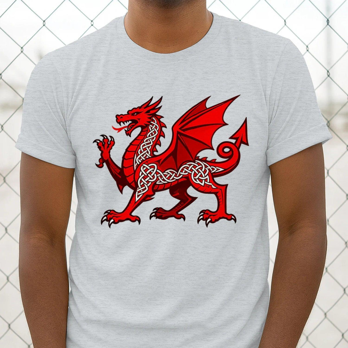 Light gray T-shirt with red Celtic knot dragon graphic on the chest