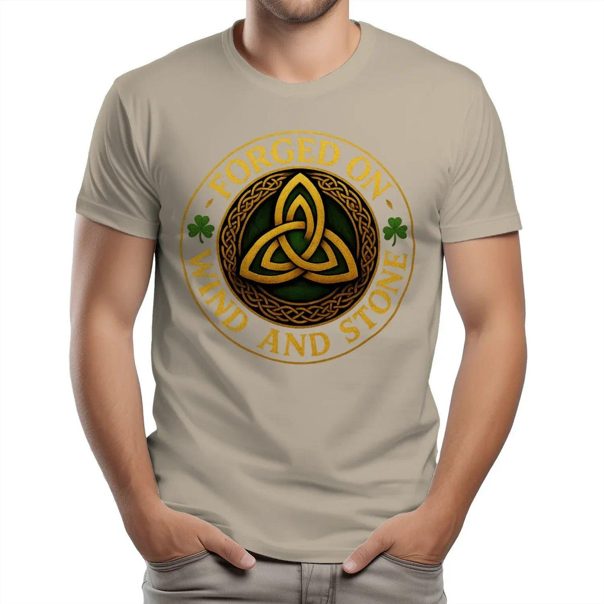 Sand beige T-shirt with centered circular Celtic knot graphic in gold tones