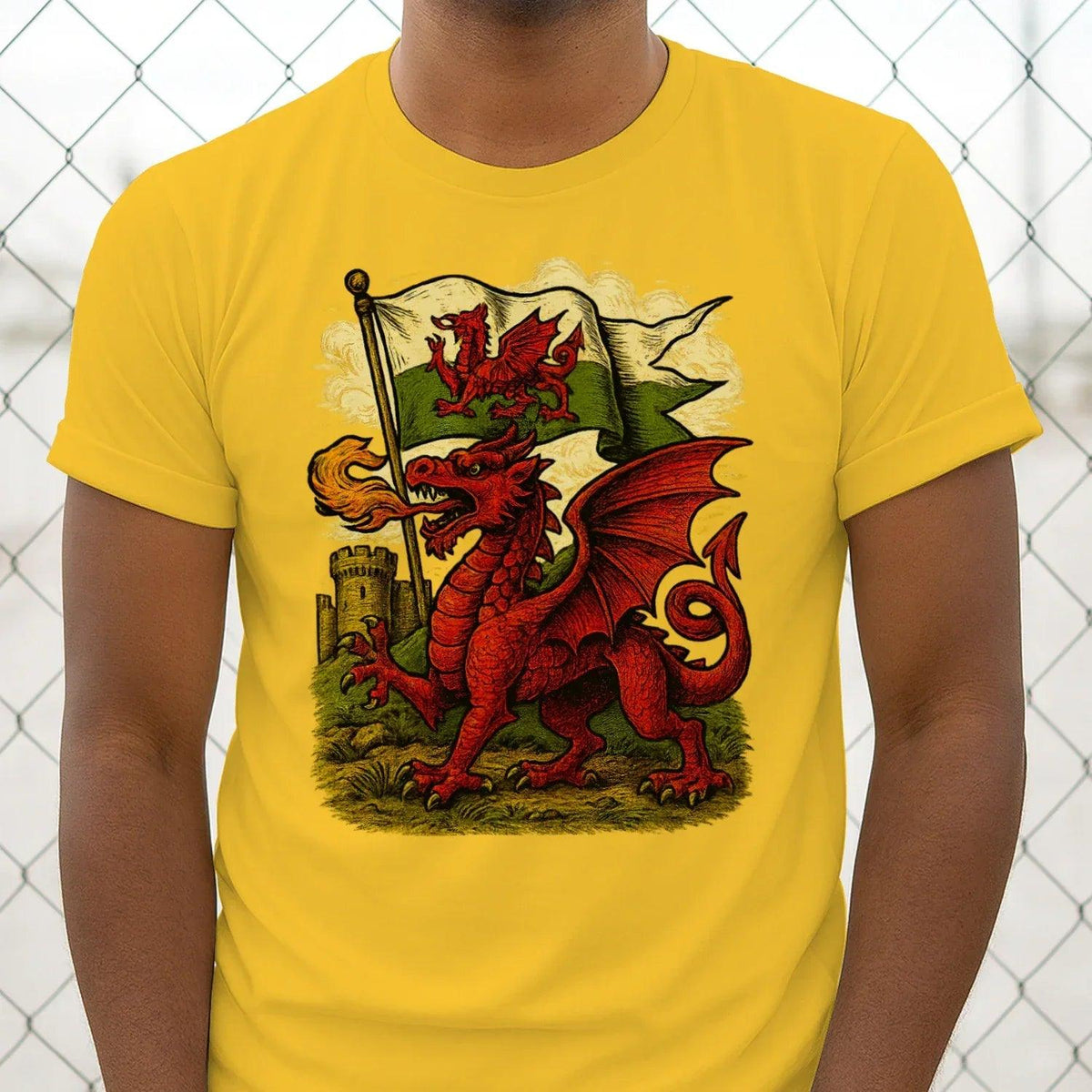 Men's T-shirt in yellow with large red dragon and Welsh flag front print