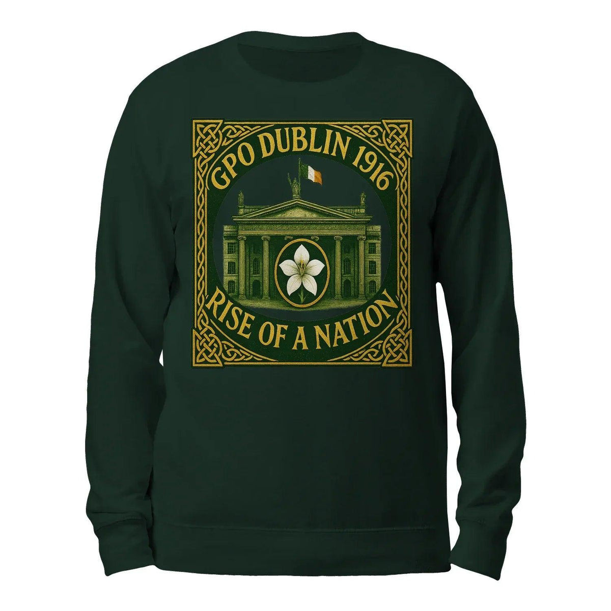 Dark green crewneck sweatshirt with front heritage logo graphic