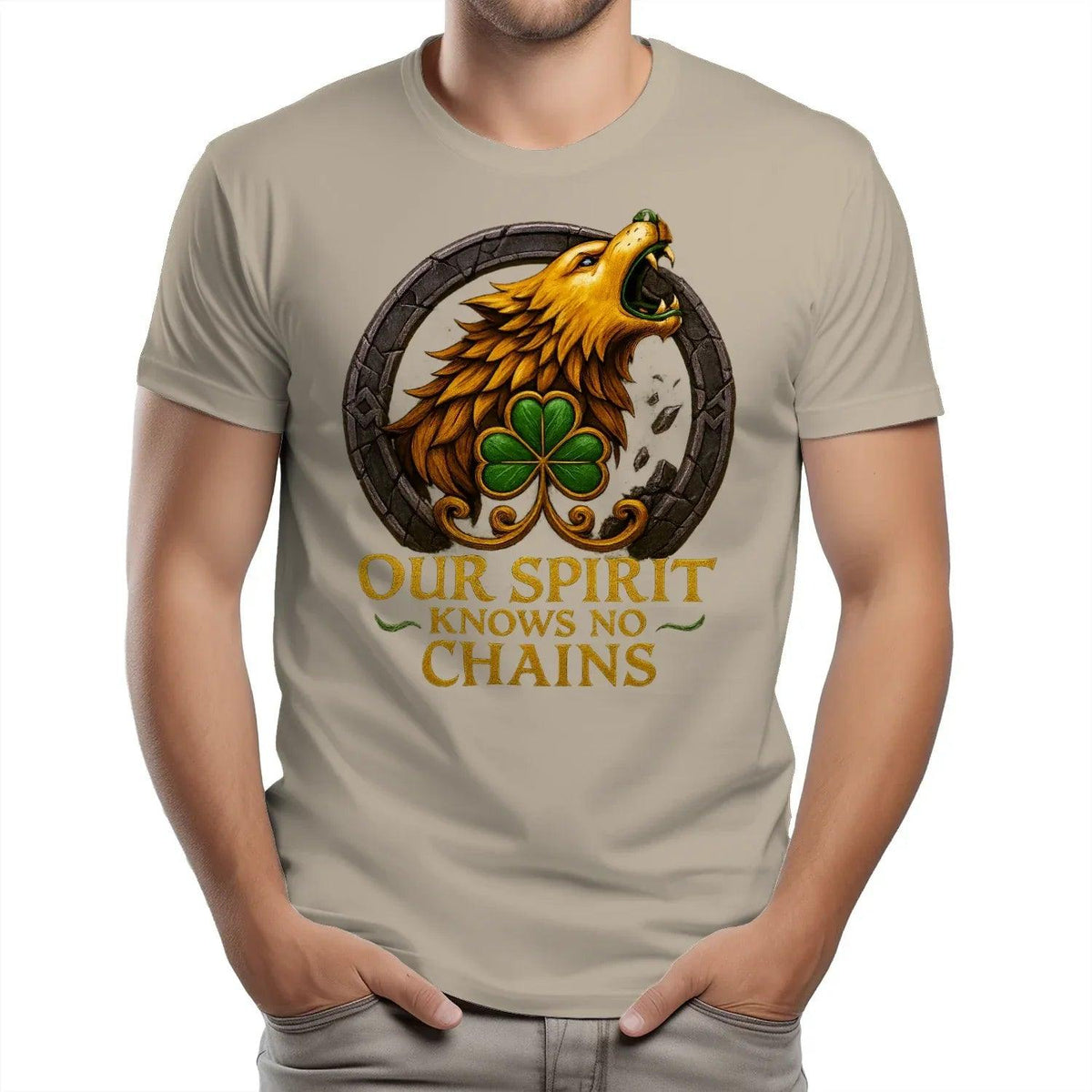 Beige crewneck T-shirt with hawk and clover circular emblem and slogan text