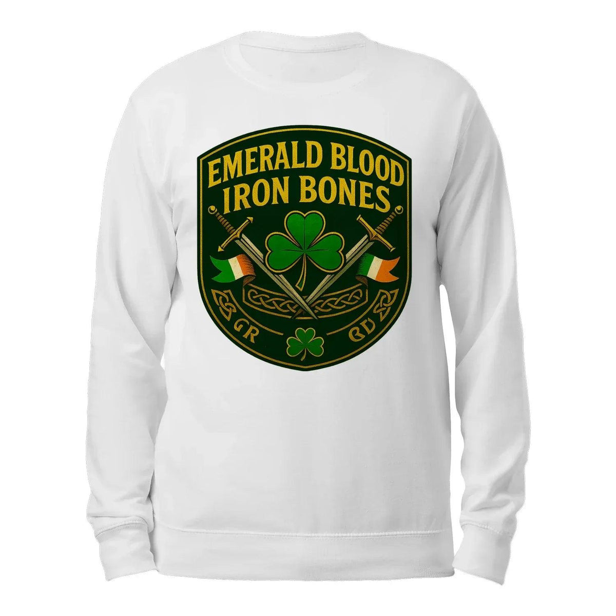 White crewneck sweatshirt, back view with circular crest graphic and clover emblem