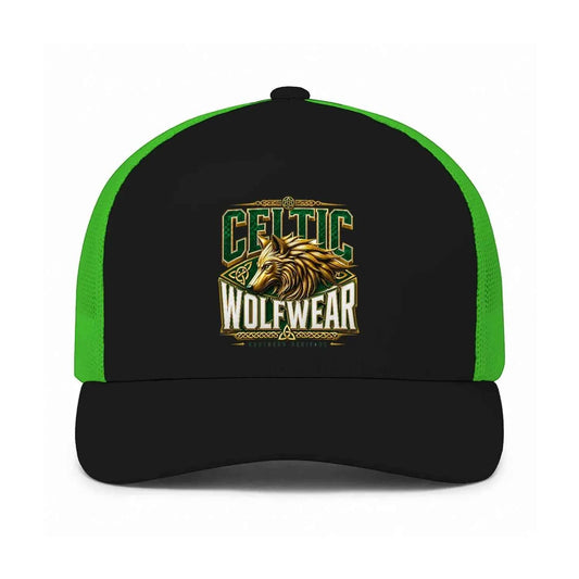 Black trucker cap with bright green side panels and front patch logo — Celtic heritage cap gift | Celtic Wolf Wear® UK