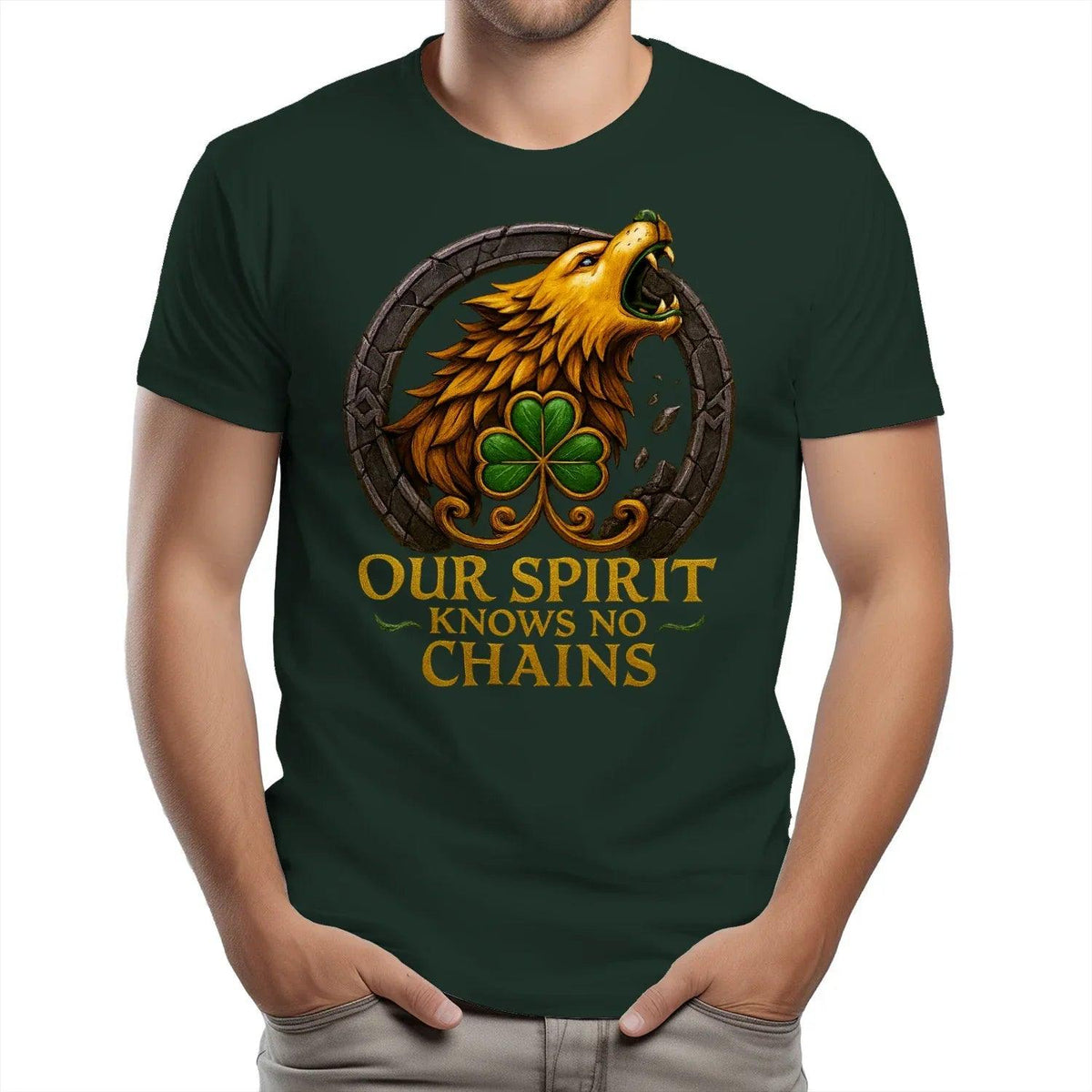 Dark green crewneck T-shirt with eagle crest, clover, and 'Our Spirit Knows No Chains' print