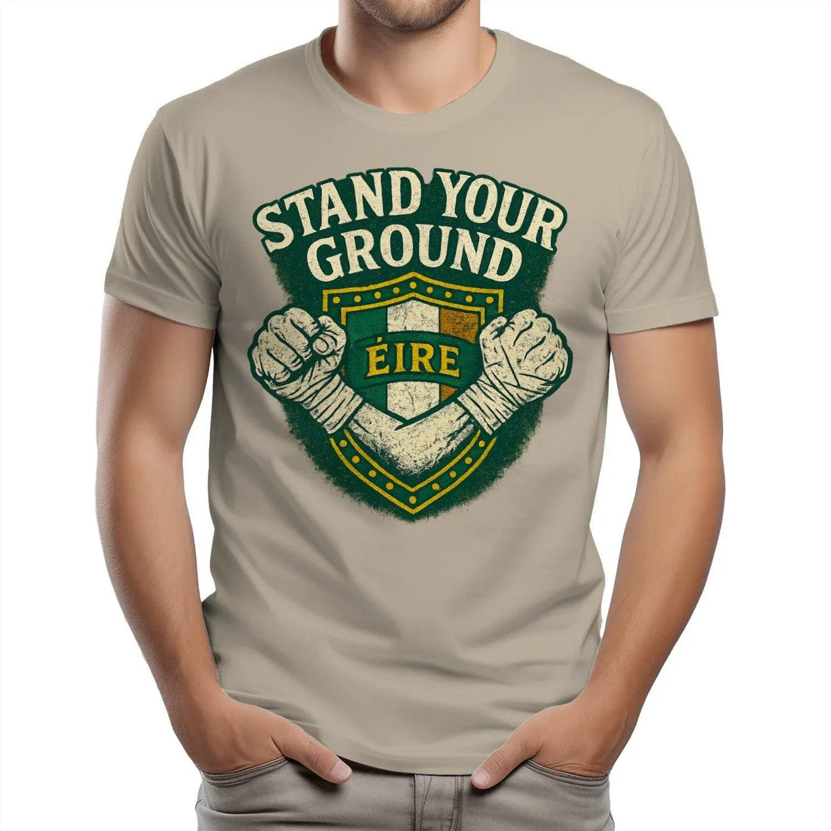 Heavy cotton T-shirt in sand color with large green shield graphic on chest