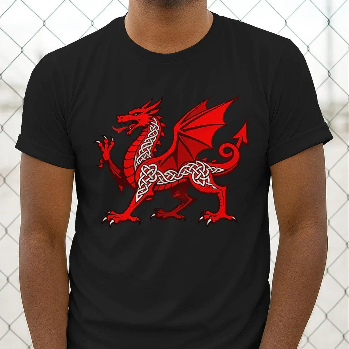 Black T-shirt with red Celtic knot dragon graphic, centered on the chest