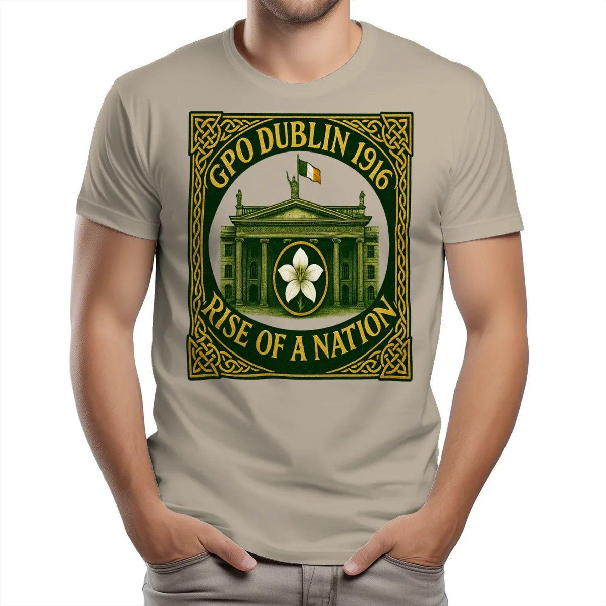 Unisex T-shirt in beige with GPO Dublin 1916 crest graphic on chest