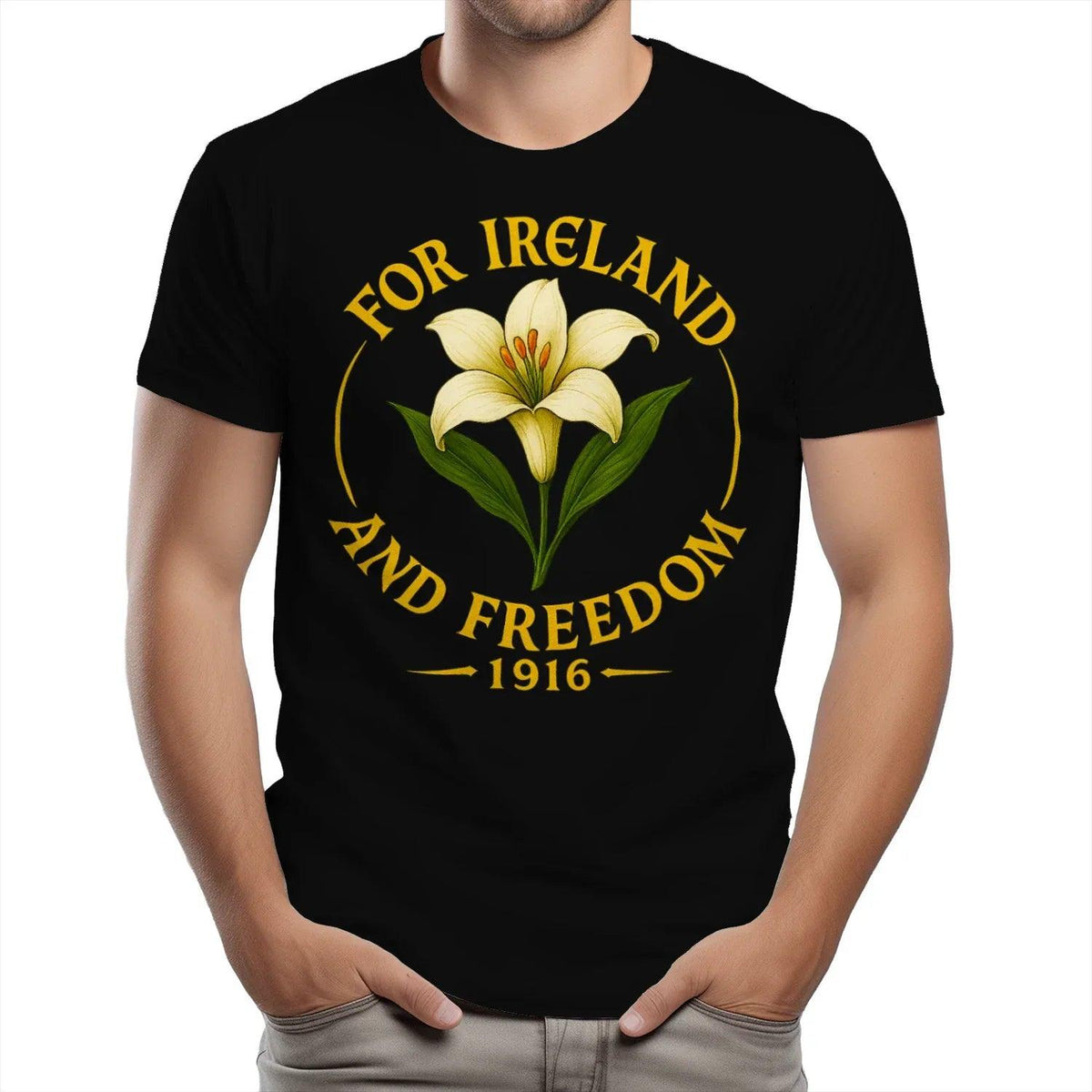 Black cotton T-shirt with circular gold “FOR IRELAND AND FREEDOM 1916” lettering and flower