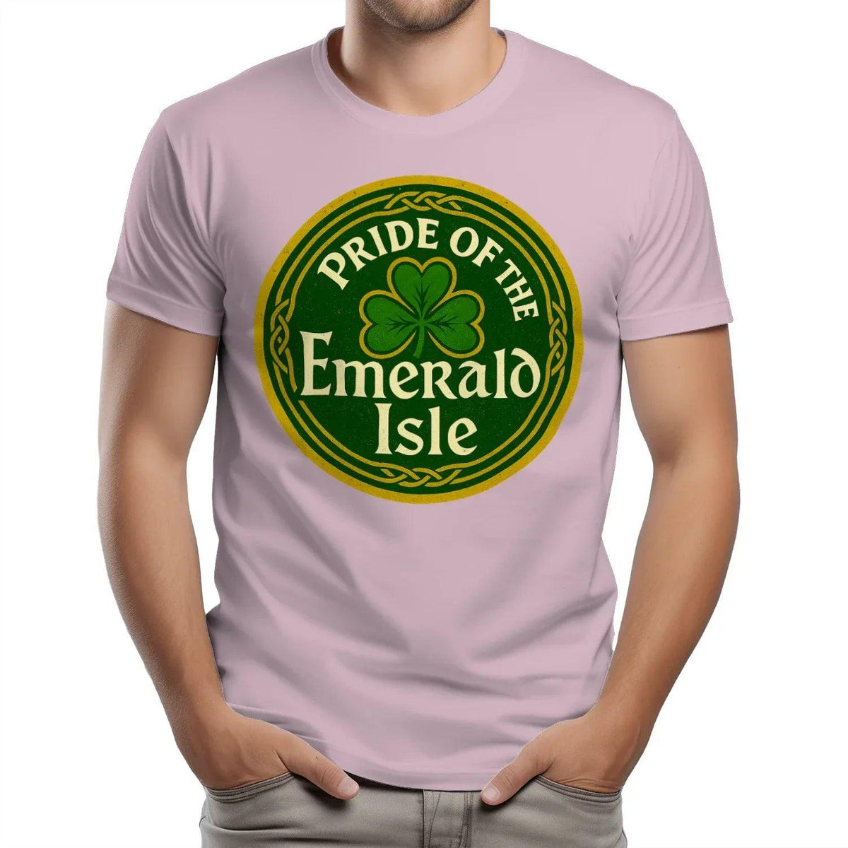 Light pink T-shirt with centered circular clover “Emerald Isle” graphic
