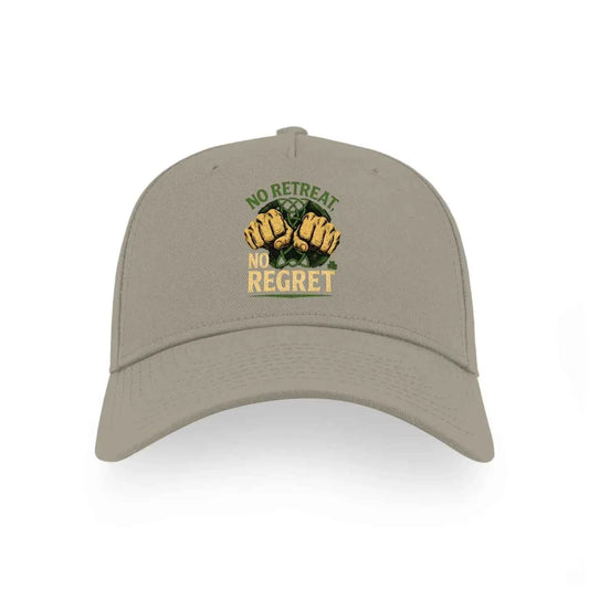 Light brown adjustable cotton cap with embroidered clenched fists and text "No Retreat No Regret" in green and yellow.
