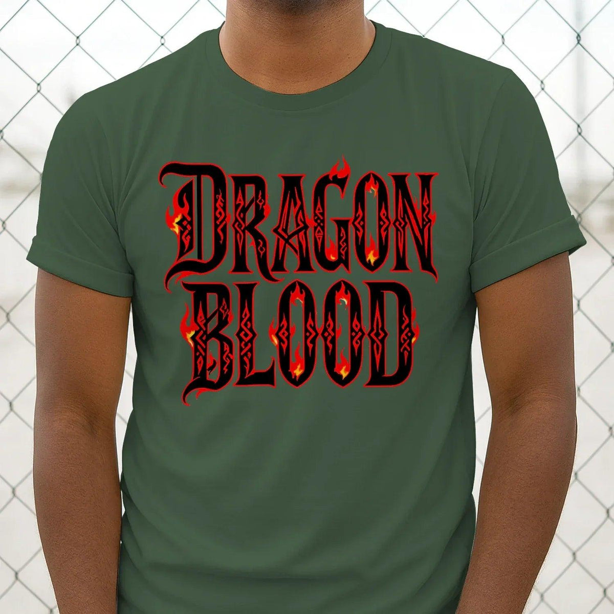 Dark green unisex t-shirt with red DRAGON BLOOD text and flame graphic on chest