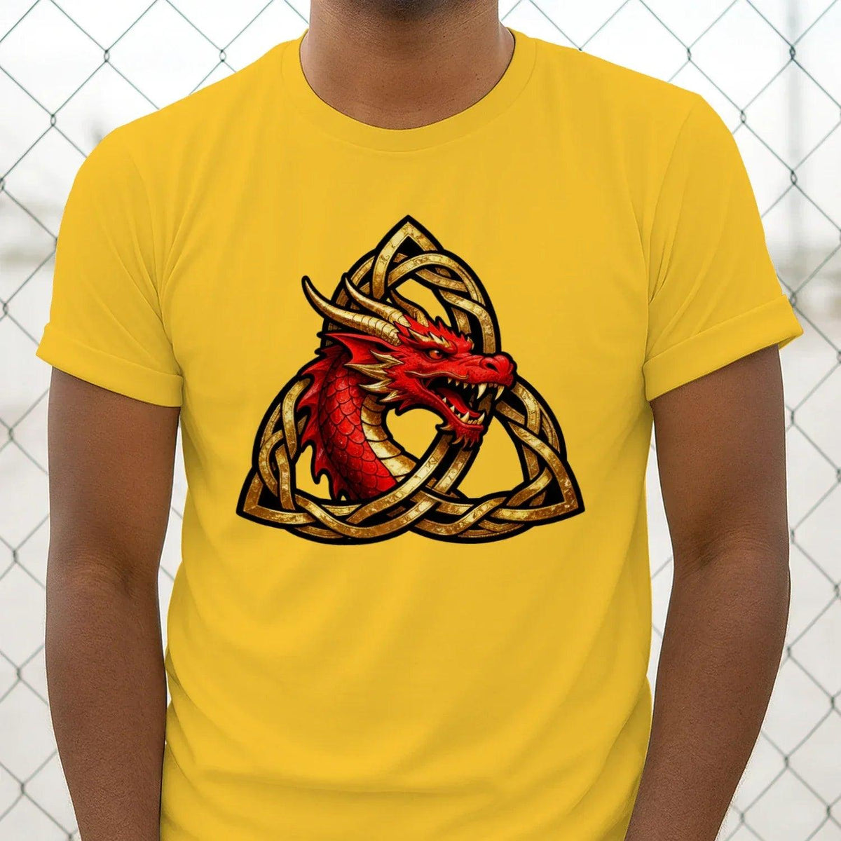 Mustard yellow unisex T-shirt with centered red dragon and Celtic knot triquetra design