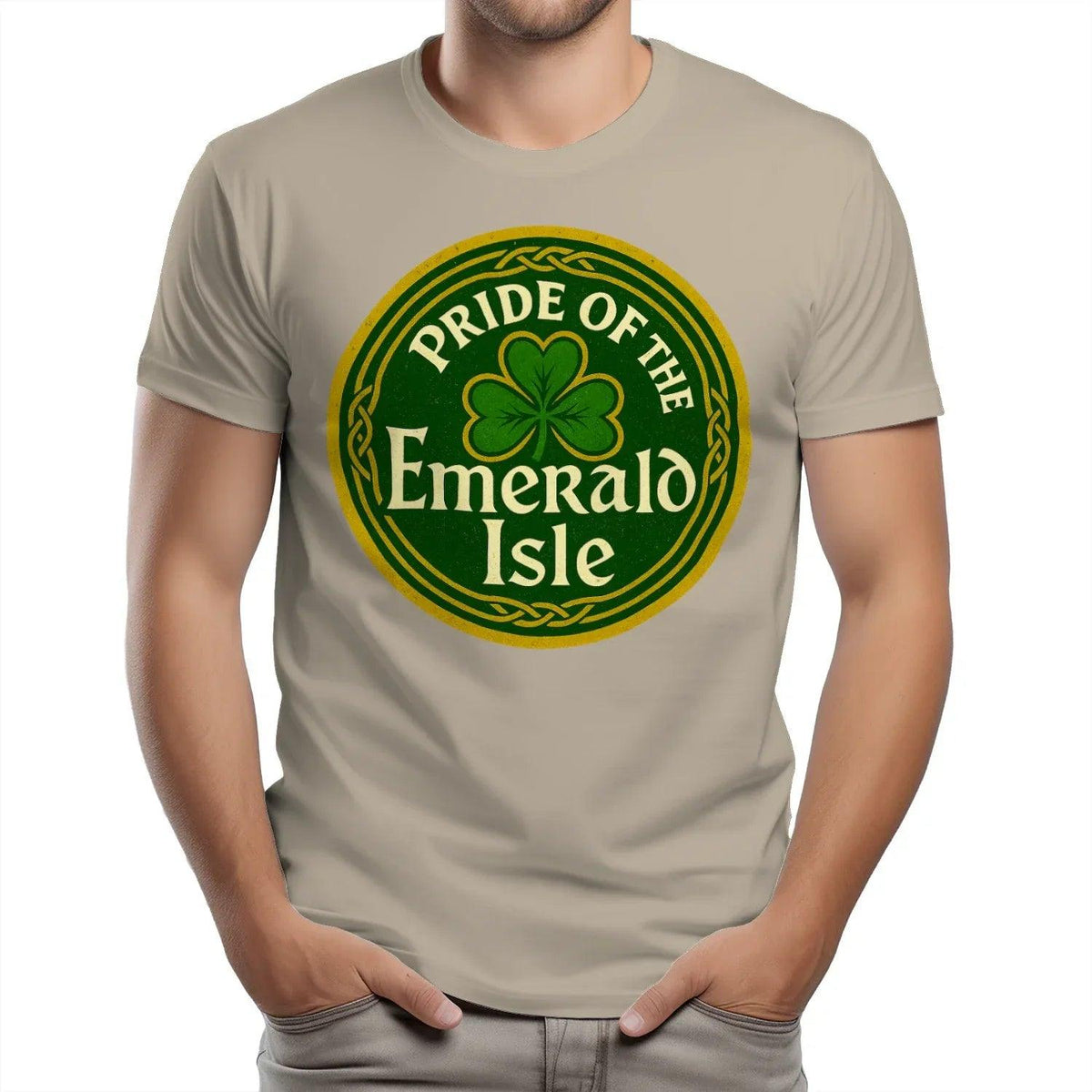 Sand T-shirt with round clover graphic and 'Pride of the Emerald Isle' text