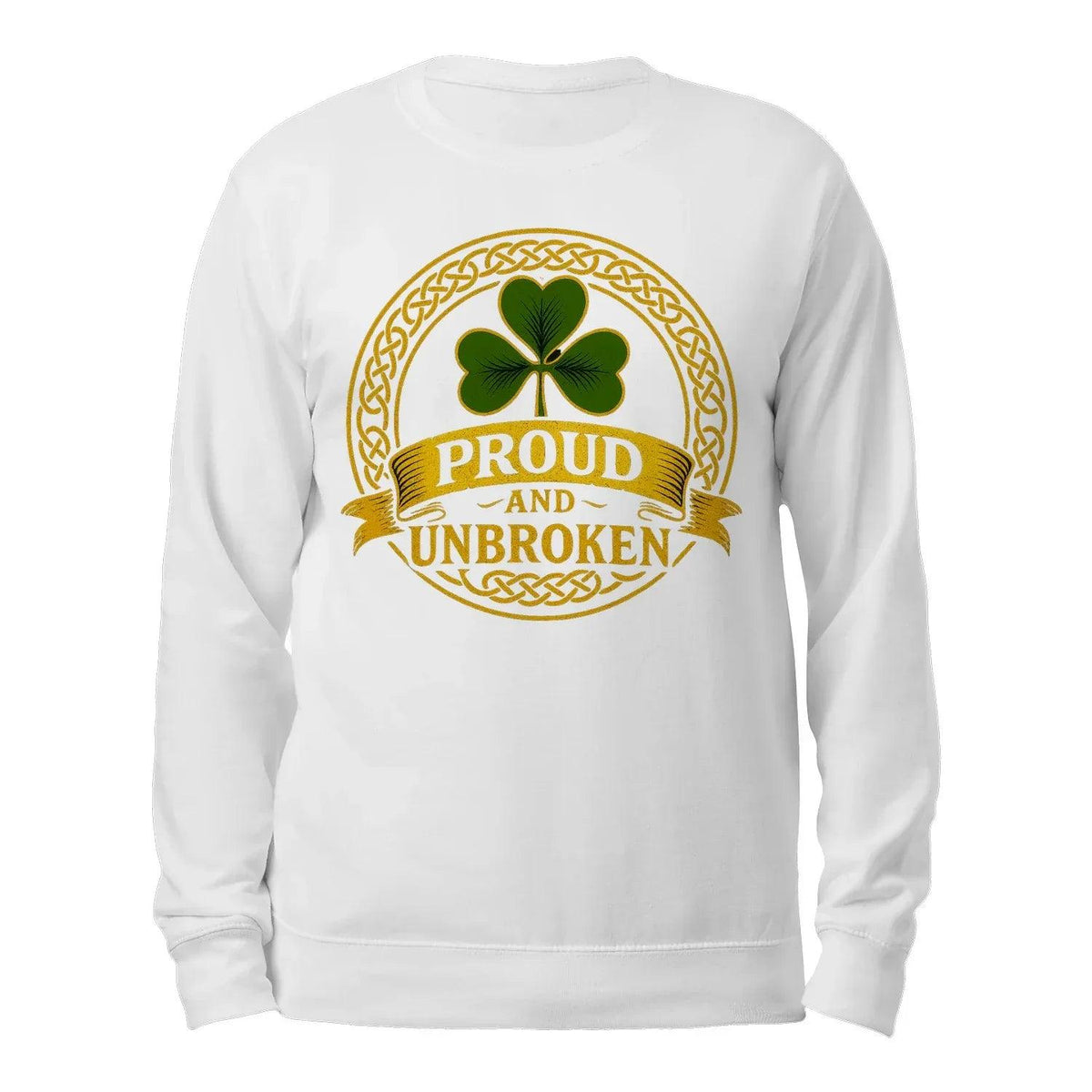 White sweatshirt with green clover and “Proud and Unbroken” graphic on chest