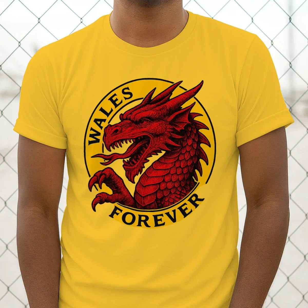 Yellow dragon graphic t-shirt with circular Wales Forever emblem on chest