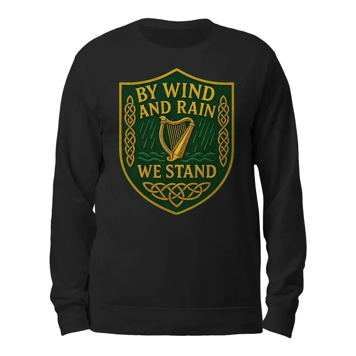 Black crewneck sweatshirt with front crest graphic