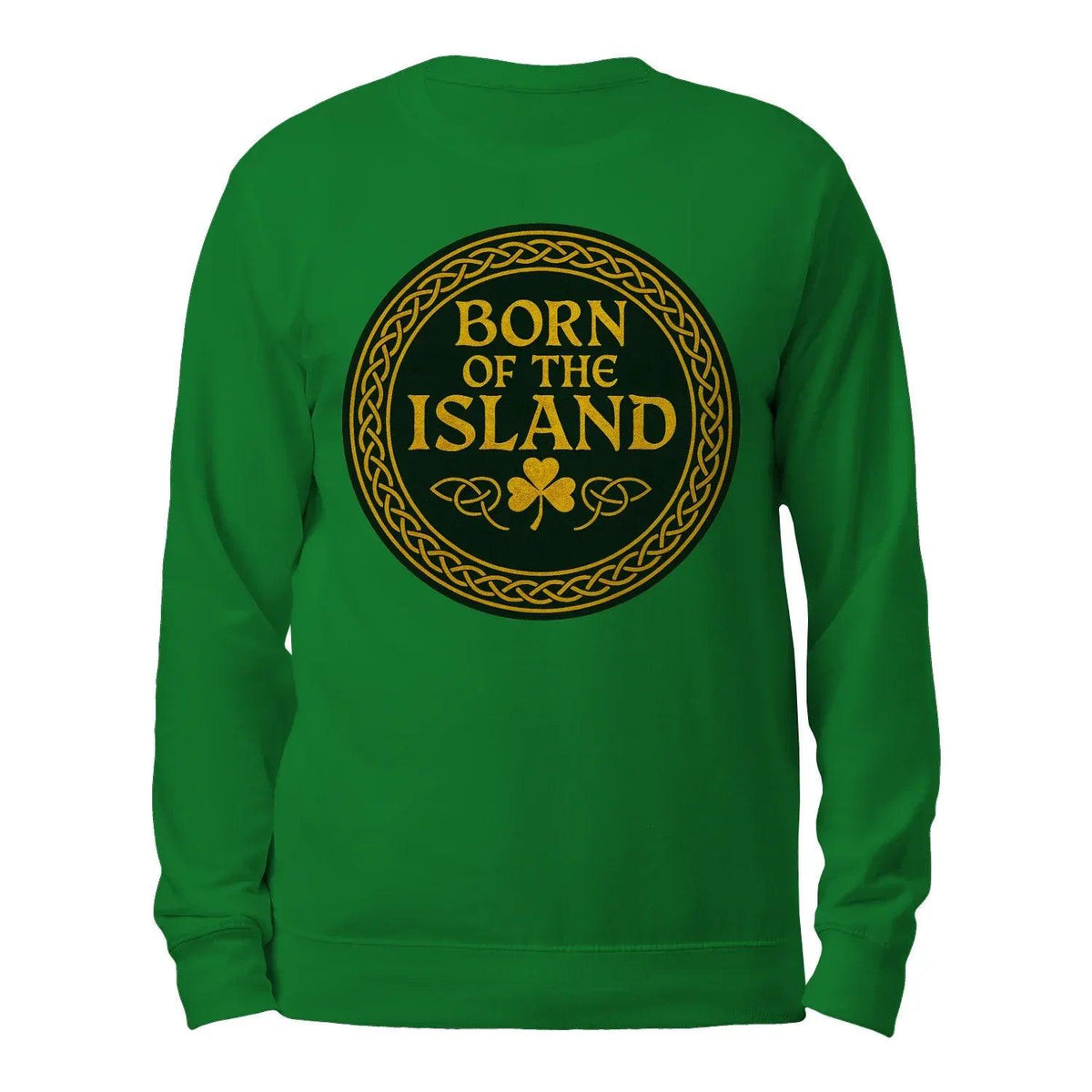 Green sweatshirt with crew neck and gold “Born of the Island” logo on back