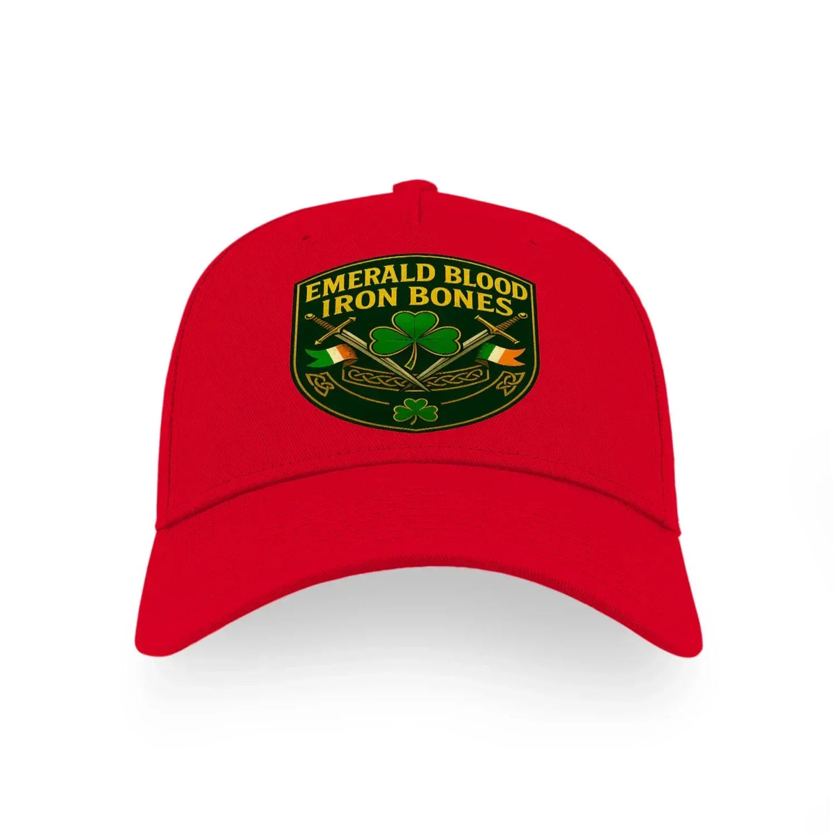 Red baseball cap with embroidered “Emerald Blood Iron Bones” crest on front