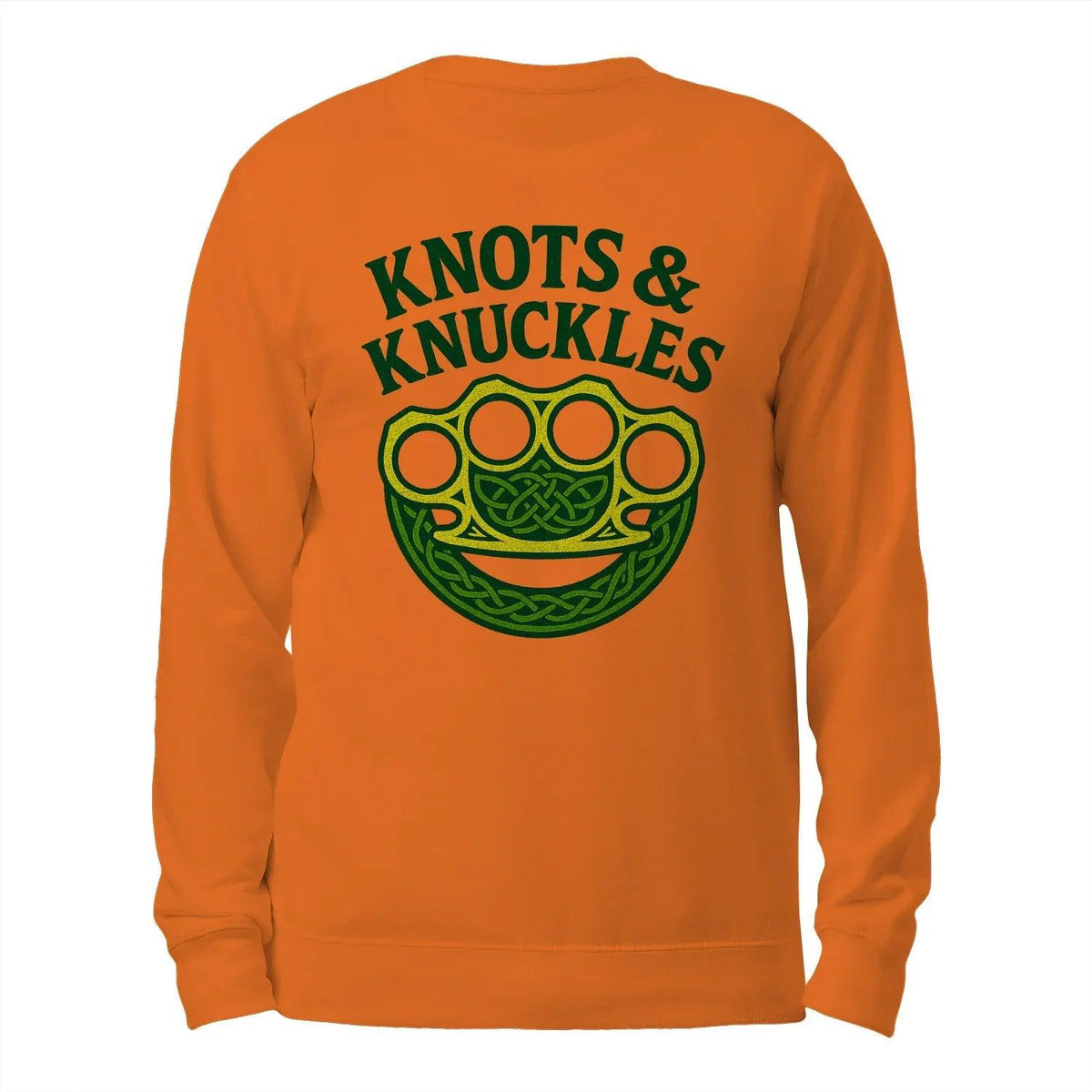 Orange sweatshirt back with green Celtic knot face graphic, crewneck, long sleeves