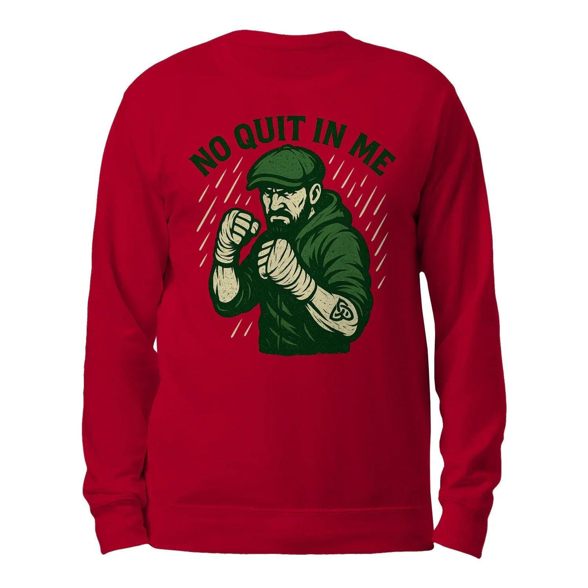 Red crewneck sweatshirt back view with green “NO QUIT IN ME” logo and character