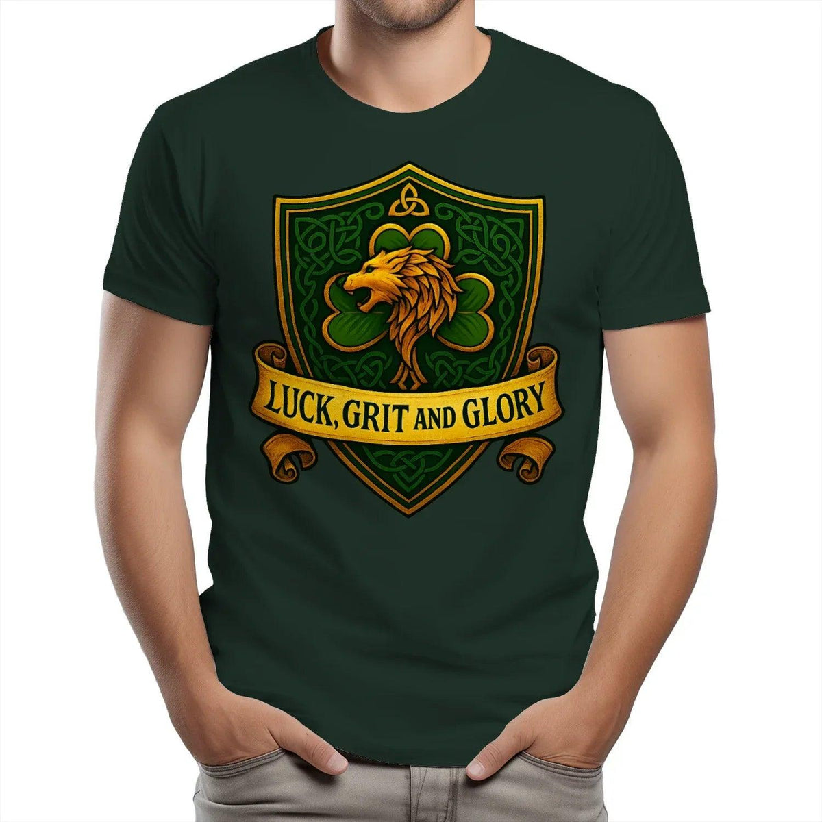 Dark green heavy T-shirt with lion shield emblem and banner reading 'LUCK, GRIT AND GLORY'.