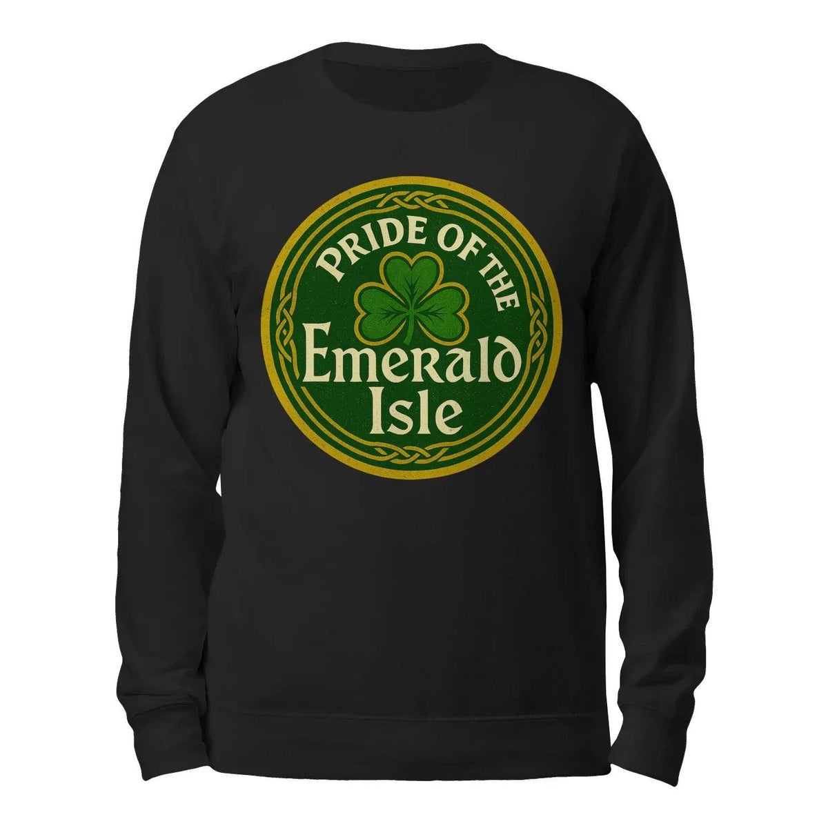 Black sweatshirt with round Emerald Isle emblem on front, crew neck
