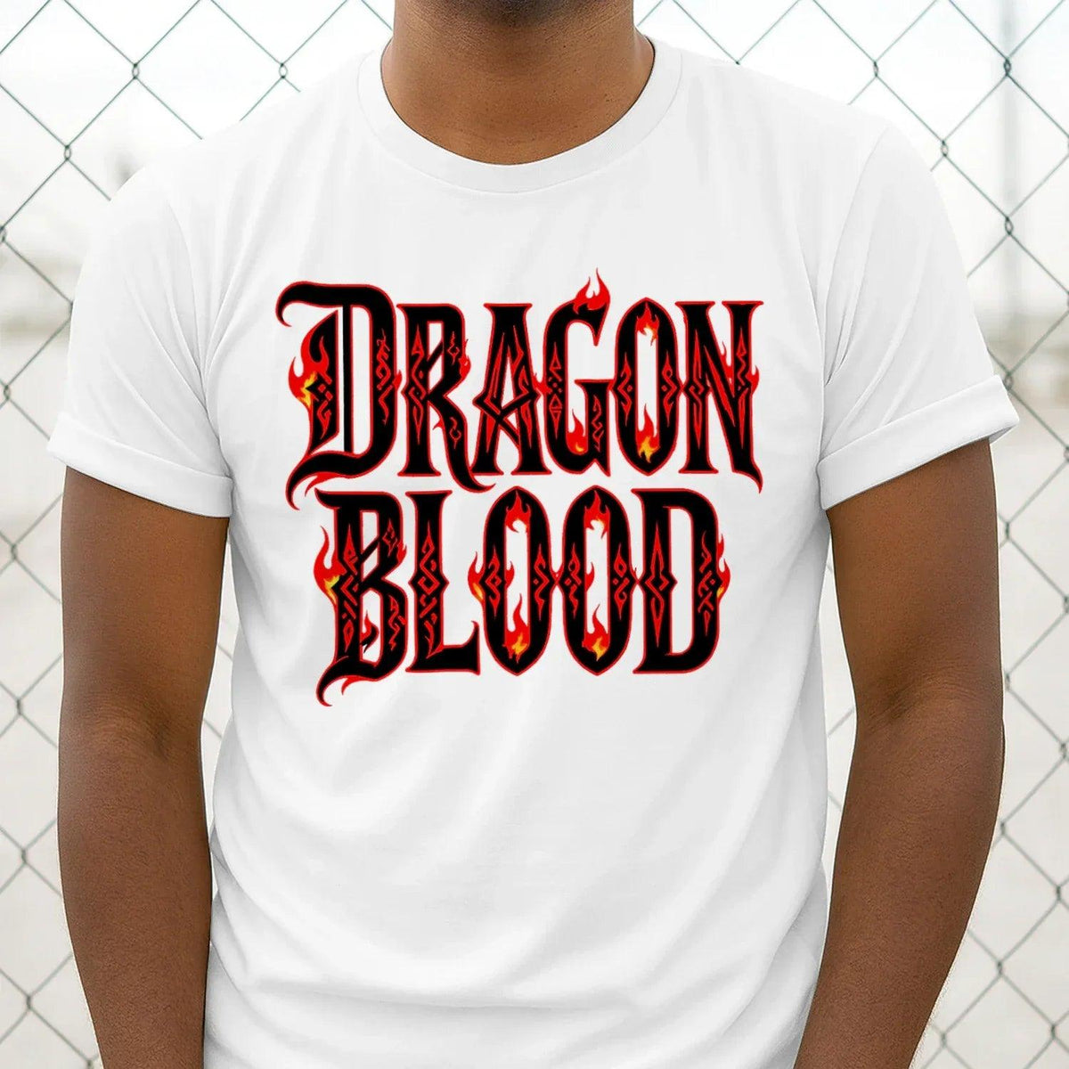 Unisex white short-sleeve T-shirt with Dragon Blood flaming gothic text print