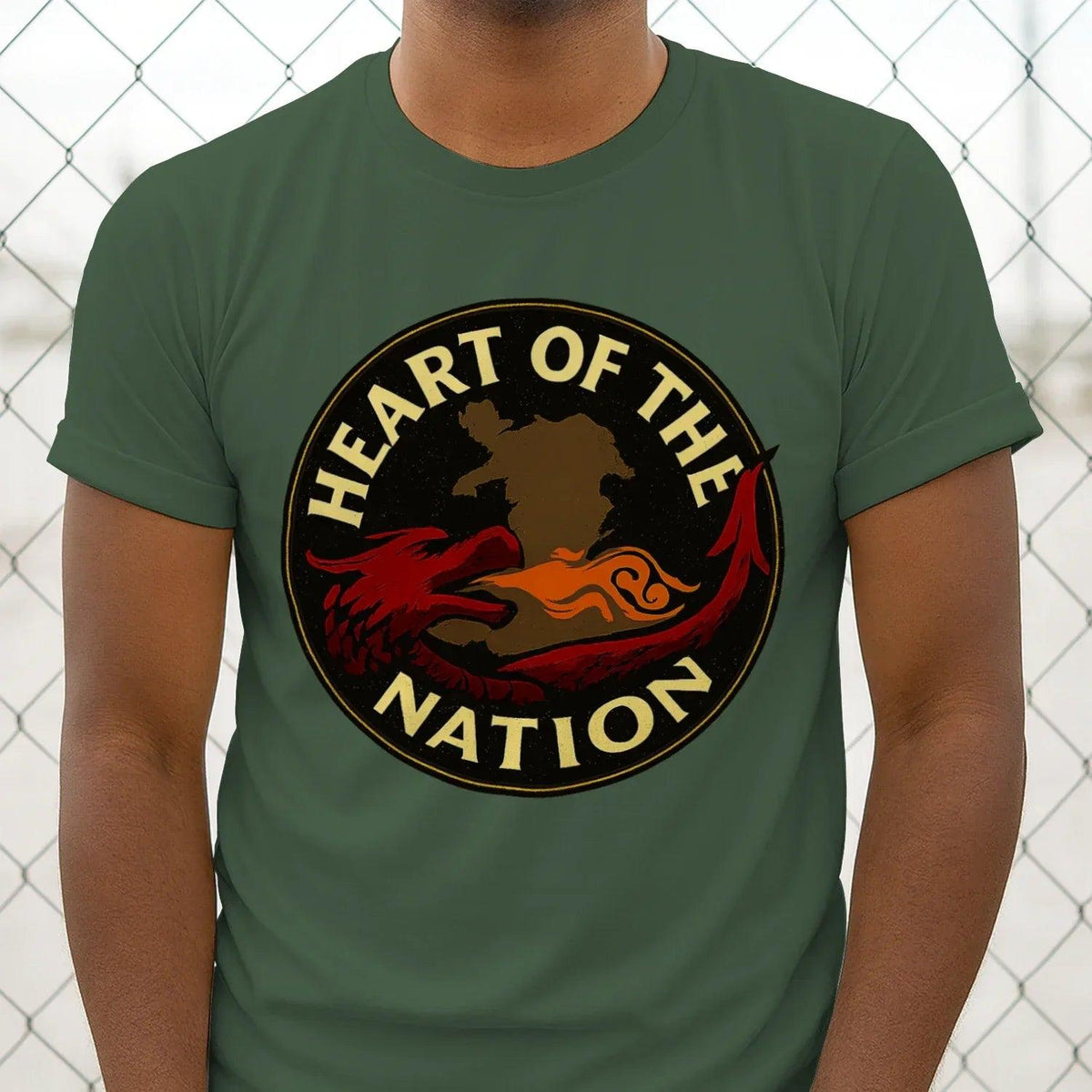 Green Welsh dragon graphic T-shirt with large round Heart of the Nation emblem