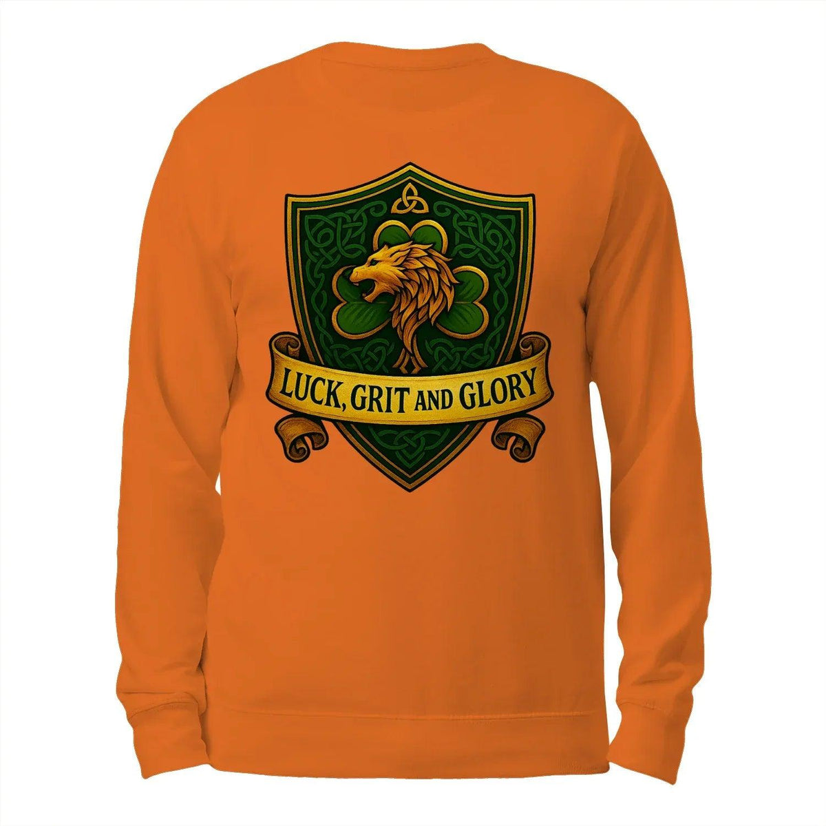 Orange crewneck sweatshirt, back view with green and gold Celtic lion crest graphic